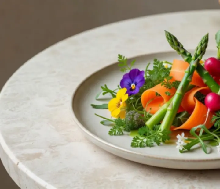 Assiette contemporaine printanière dressée avec précision sur un comptoir en béton.
