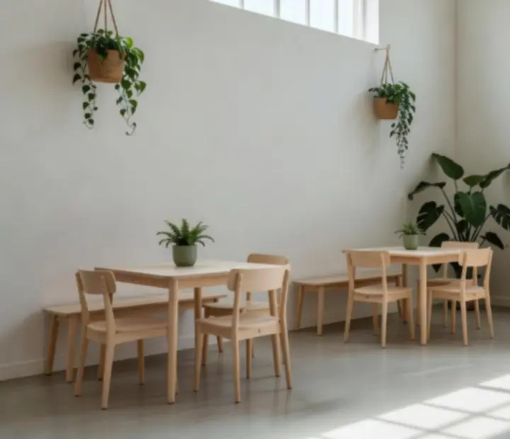 Intérieur du bistro Guideevenia, style nordique avec grandes baies vitrées, bois clair et murs blancs