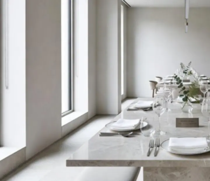 Grande table de groupe en bois clair dans un eco-bistro nordique, dressée pour un dîner privé.