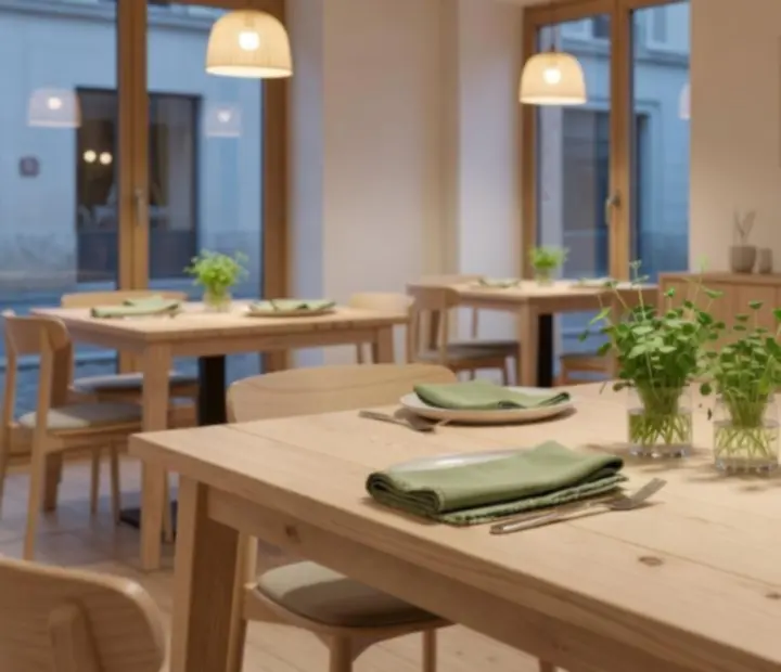 Table dressée dans un eco-bistro nordique avec assiettes modernes et verres à vin naturels.