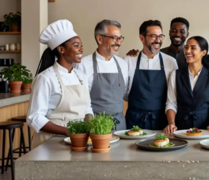 Équipe du bistro travaillant autour d'herbes et de micro-pousses sur un comptoir moderne.