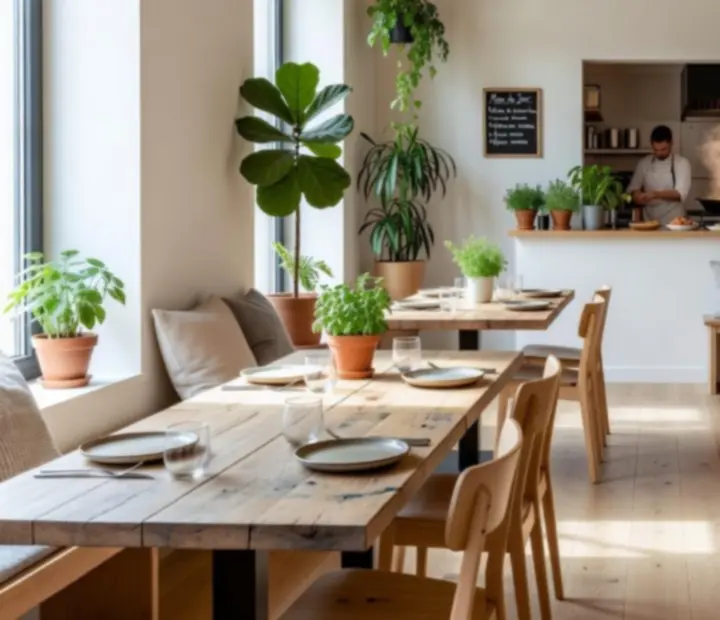 Espace de travail eco-bistro lumineux avec matières naturelles et décoration minimaliste.