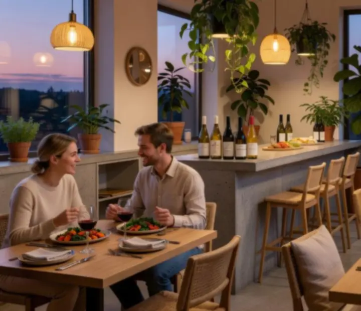 Ambiance de soirée à l’éco-bistro, lumière douce et assiettes de saison.
