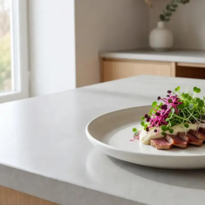 Assiette contemporaine aux micro-pousses sur comptoir en béton dans un éco-bistrot moderne.