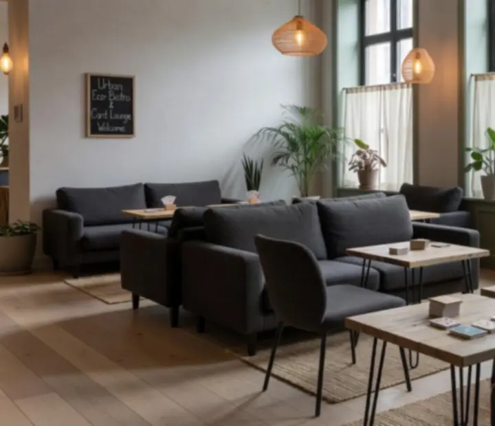 Ambiance du lounge avec tables minimalistes, lumière douce et accents de vert sauge.