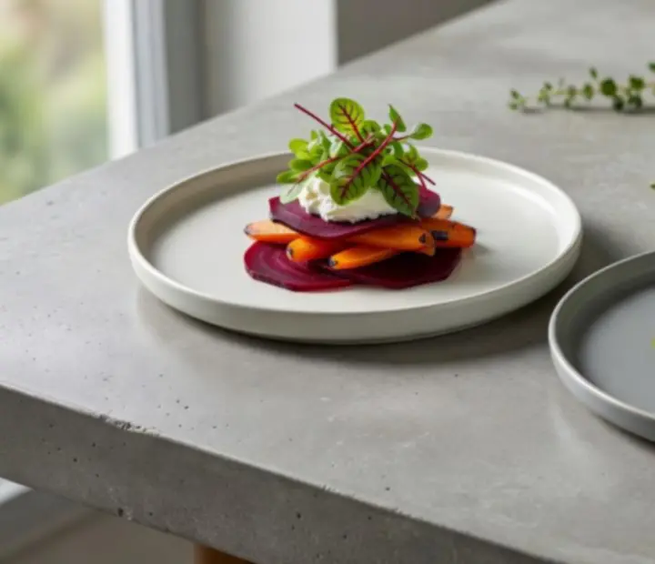 Assiettes modernes dressées avec micro-pousses et légumes de saison.