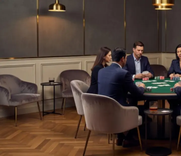 Poker Lounge en soirée, ambiance feutrée avec table de jeu, jetons et lumière douce.