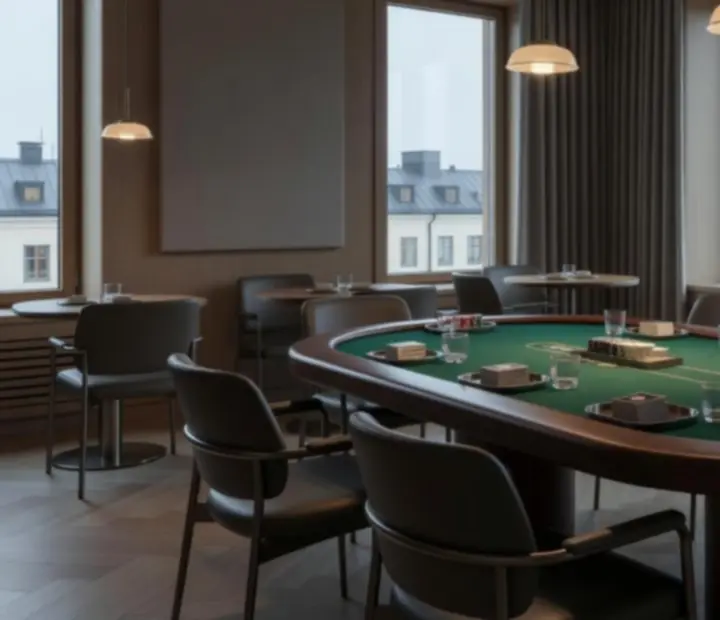 Poker Lounge feutré avec table de cartes éclairée et ambiance intime.