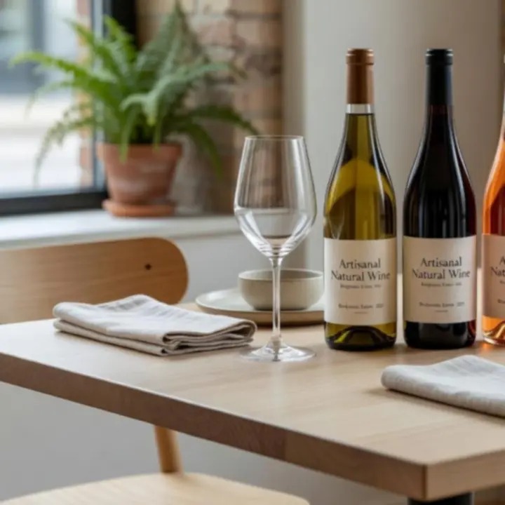 Sélection de bouteilles de vins naturels dans un éco-bistrot moderne.