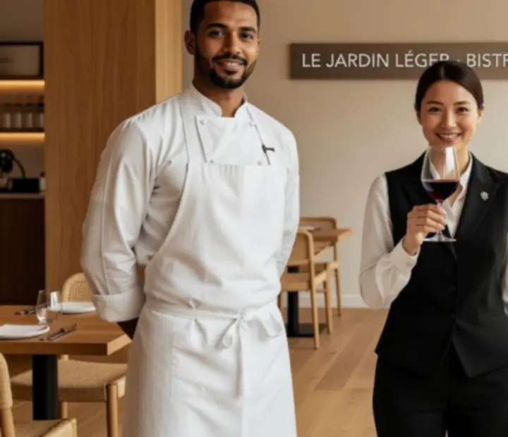 L'équipe du bistro Guideevenia en salle et en cuisine dans un décor lumineux et moderne